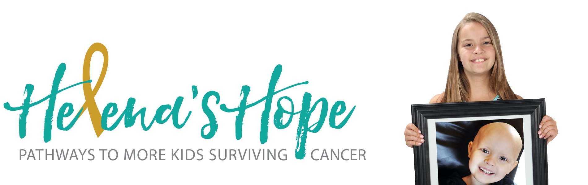 Helena's Hope: Pathways to more kids surviving cancer. Helena holding a framed photo of herself as a toddler during treatment.